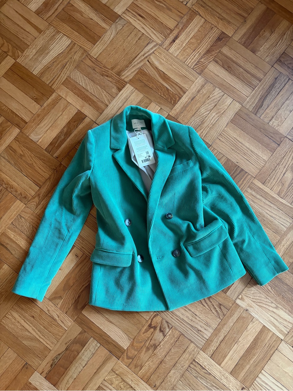 Sezane Emerald Green Corduroy Double-Breasted Blazer
